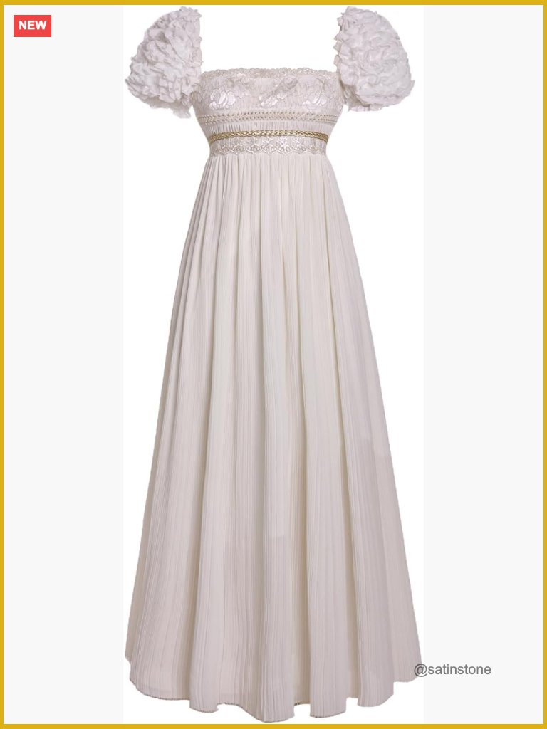 Luxurious Pearl Puff Victorian Dress 100% Chiffon Fabric Regency Ball Gown